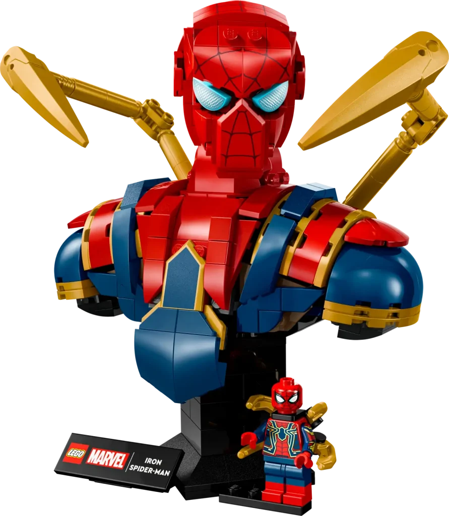 Buste LEGO 76326 Iron Spider-Man rouge et or sur socle d’exposition
